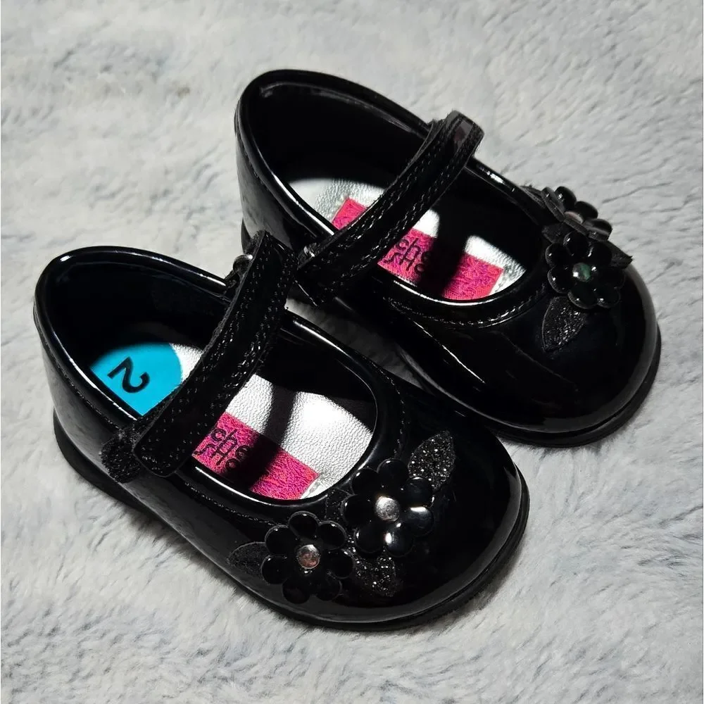 Rachel Shoes Baby Girl Black Patent Mary Jane Dress Shoes Glitter Flower Size 2